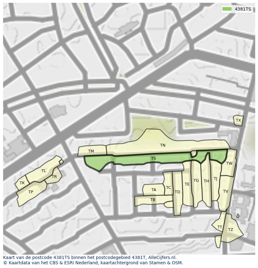 Afbeelding van het postcodegebied 4381 TS op de kaart.