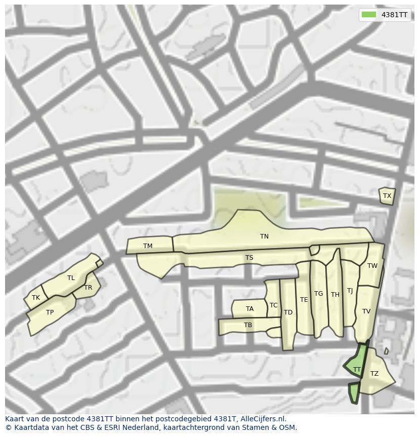 Afbeelding van het postcodegebied 4381 TT op de kaart.
