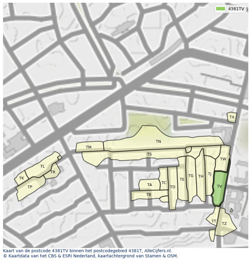 Afbeelding van het postcodegebied 4381 TV op de kaart.