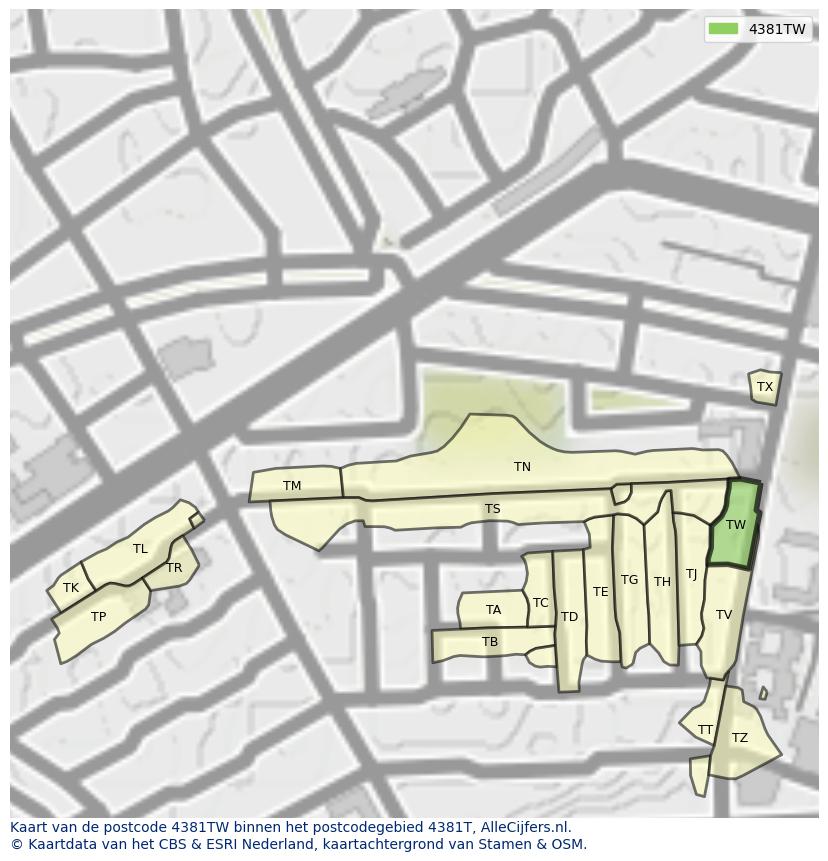 Afbeelding van het postcodegebied 4381 TW op de kaart.