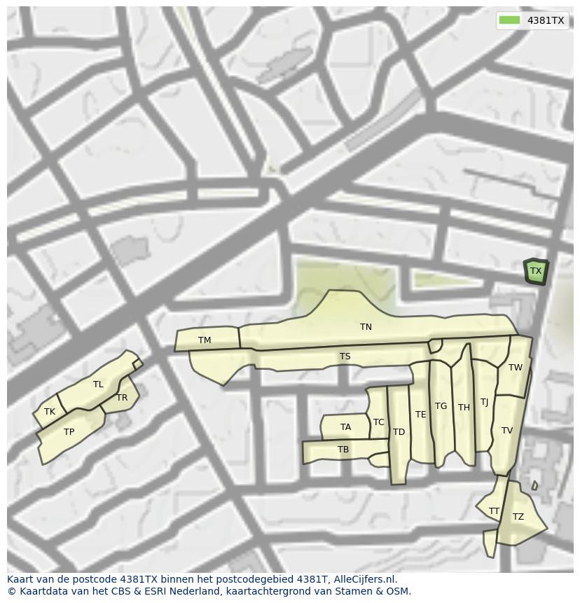 Afbeelding van het postcodegebied 4381 TX op de kaart.