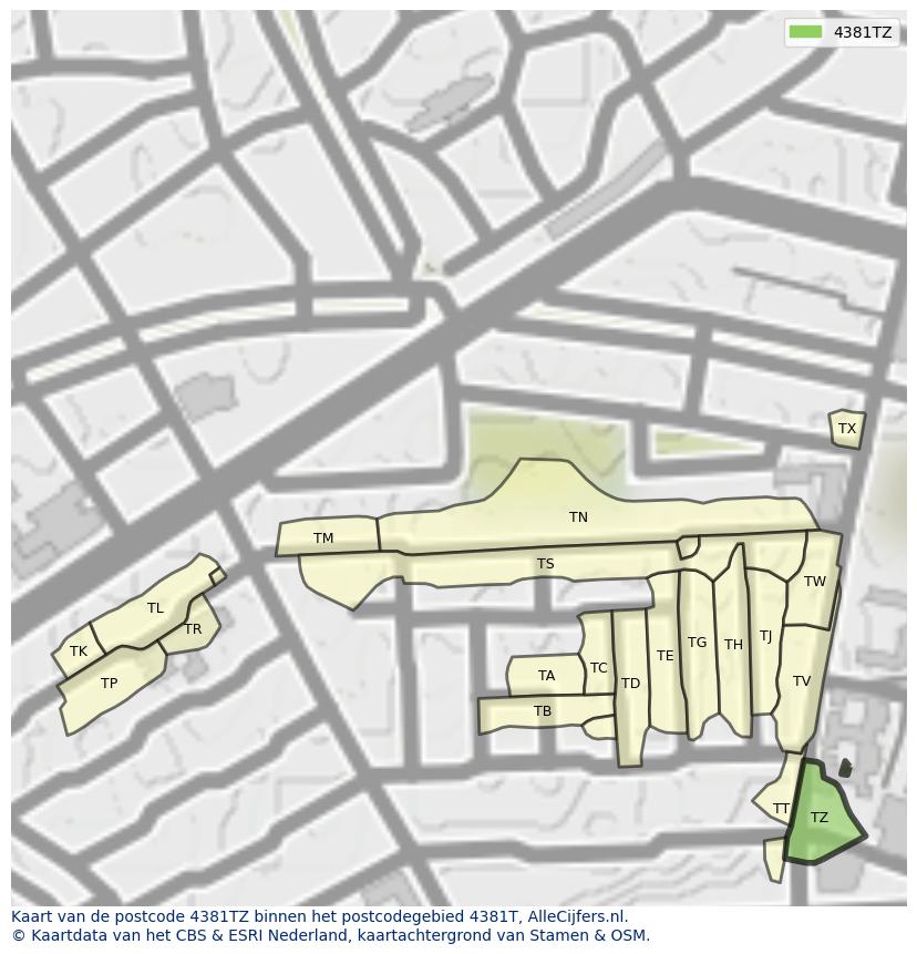 Afbeelding van het postcodegebied 4381 TZ op de kaart.