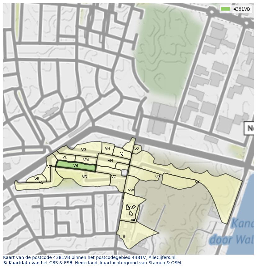 Afbeelding van het postcodegebied 4381 VB op de kaart.