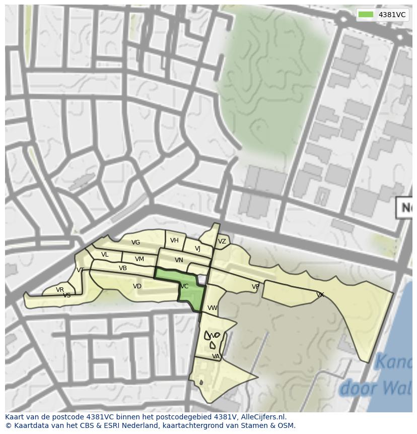 Afbeelding van het postcodegebied 4381 VC op de kaart.