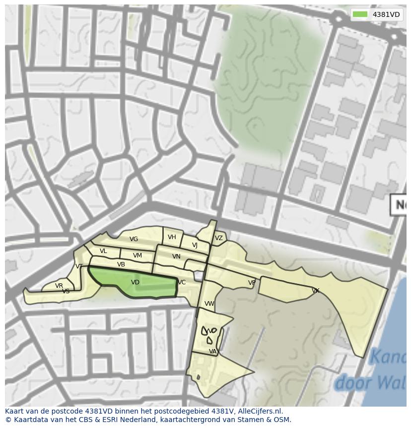 Afbeelding van het postcodegebied 4381 VD op de kaart.