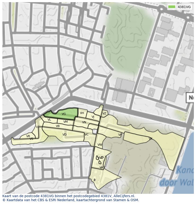 Afbeelding van het postcodegebied 4381 VG op de kaart.