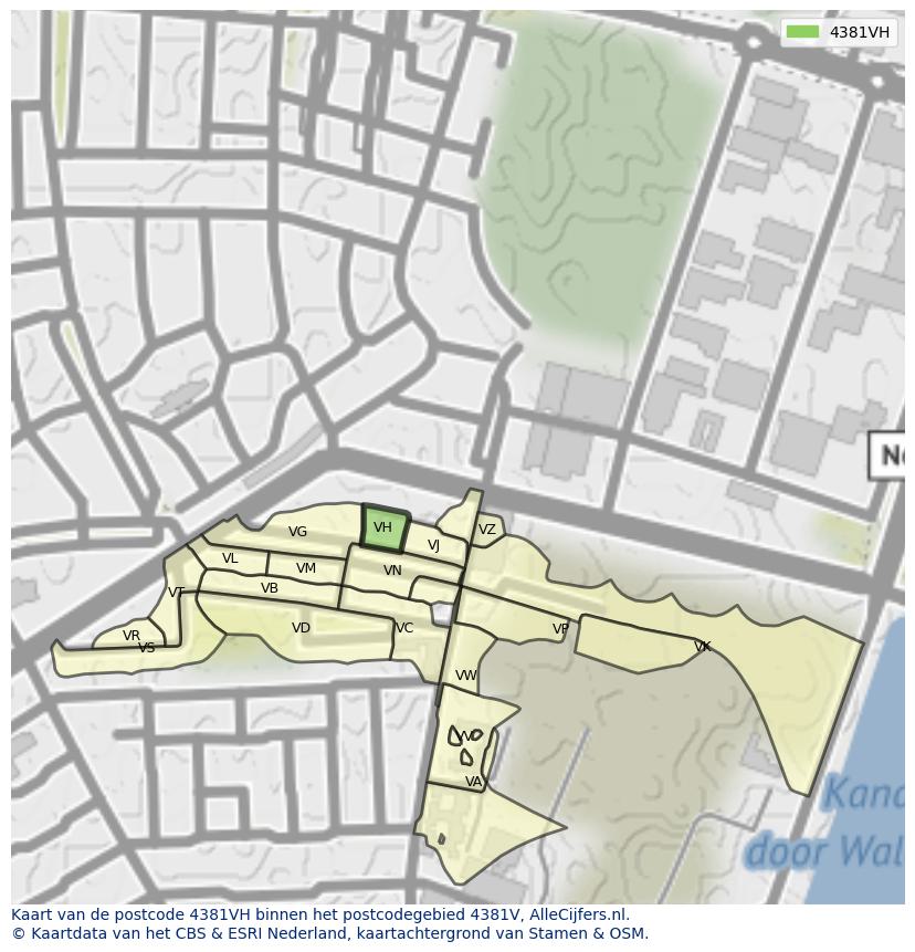 Afbeelding van het postcodegebied 4381 VH op de kaart.