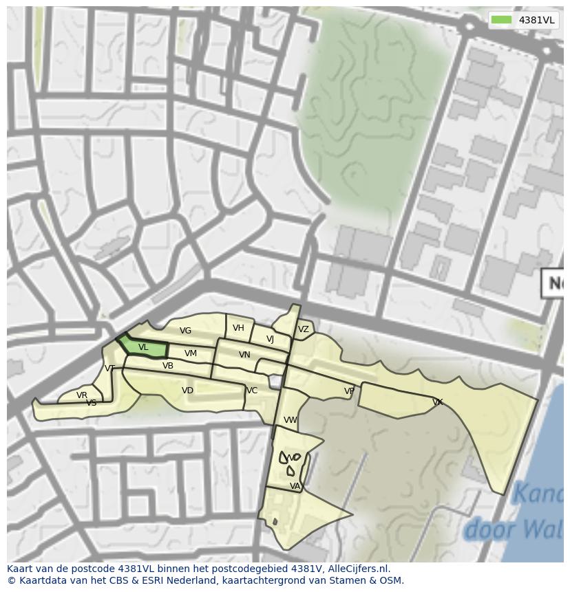 Afbeelding van het postcodegebied 4381 VL op de kaart.