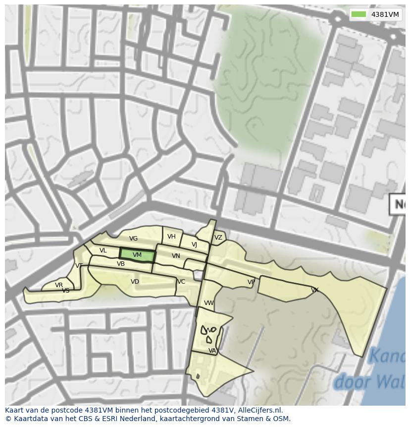 Afbeelding van het postcodegebied 4381 VM op de kaart.