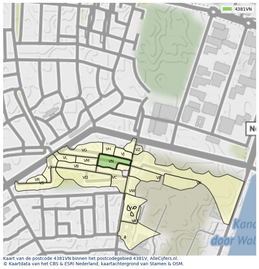 Afbeelding van het postcodegebied 4381 VN op de kaart.