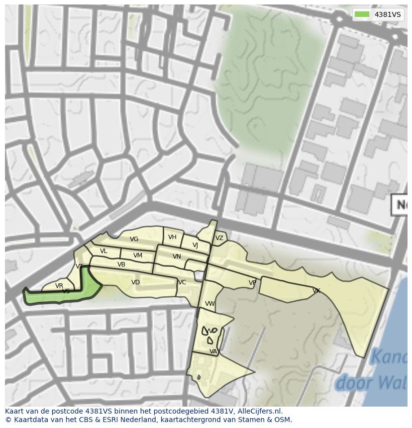 Afbeelding van het postcodegebied 4381 VS op de kaart.