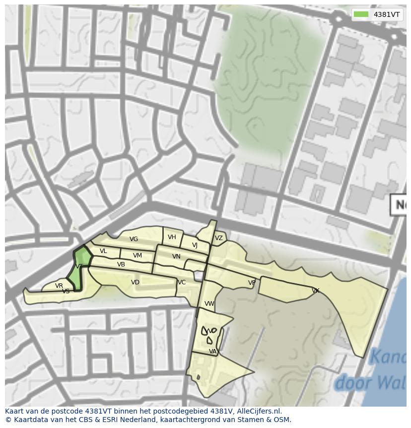 Afbeelding van het postcodegebied 4381 VT op de kaart.