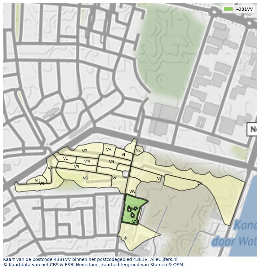 Afbeelding van het postcodegebied 4381 VV op de kaart.