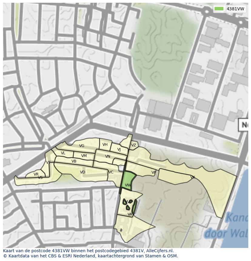 Afbeelding van het postcodegebied 4381 VW op de kaart.
