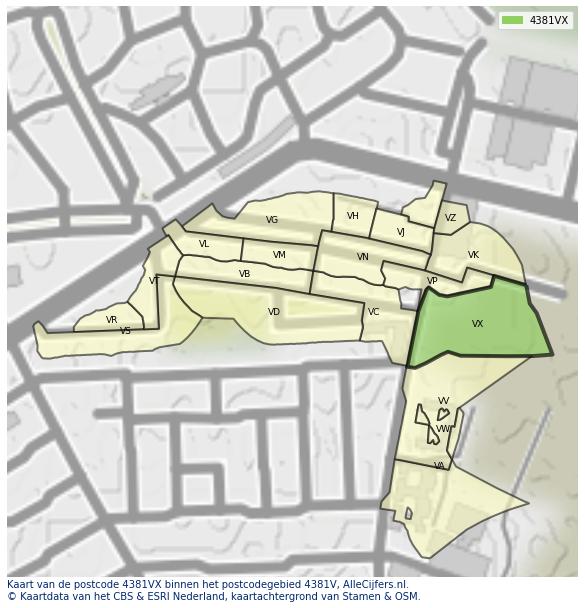 Afbeelding van het postcodegebied 4381 VX op de kaart.