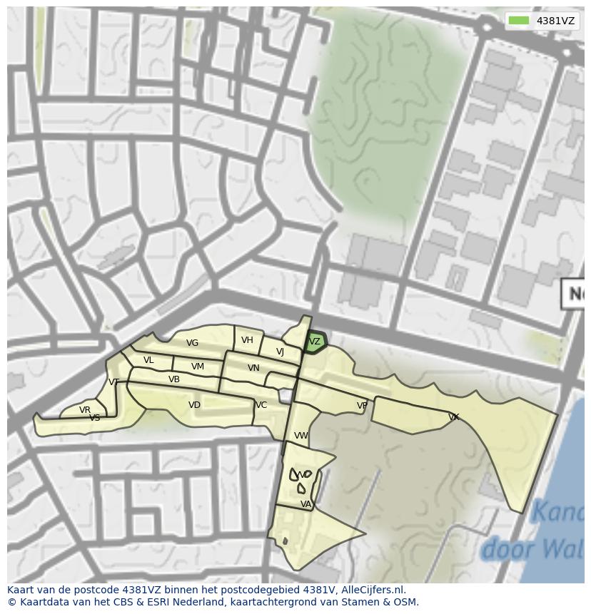 Afbeelding van het postcodegebied 4381 VZ op de kaart.