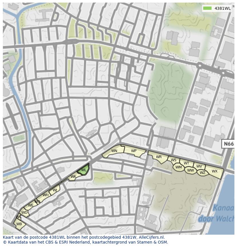 Afbeelding van het postcodegebied 4381 WL op de kaart.