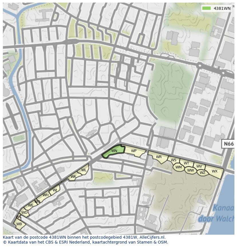 Afbeelding van het postcodegebied 4381 WN op de kaart.
