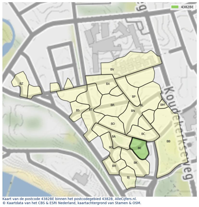 Afbeelding van het postcodegebied 4382 BE op de kaart.