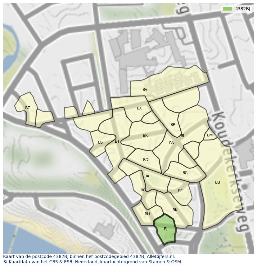 Afbeelding van het postcodegebied 4382 BJ op de kaart.
