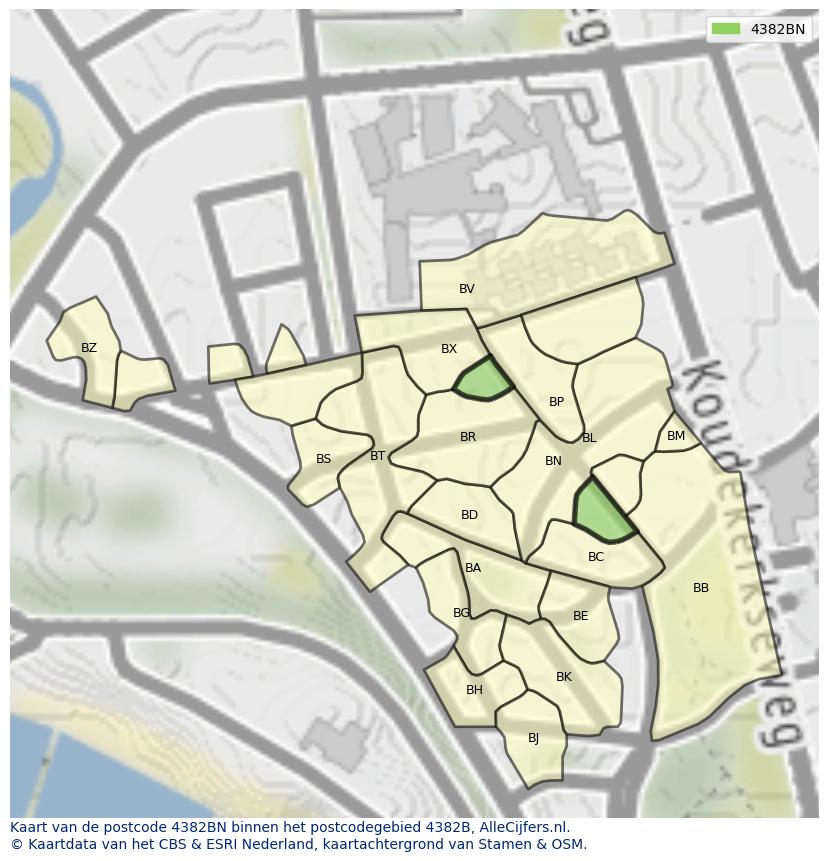 Afbeelding van het postcodegebied 4382 BN op de kaart.