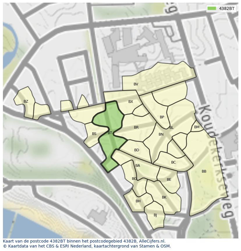 Afbeelding van het postcodegebied 4382 BT op de kaart.