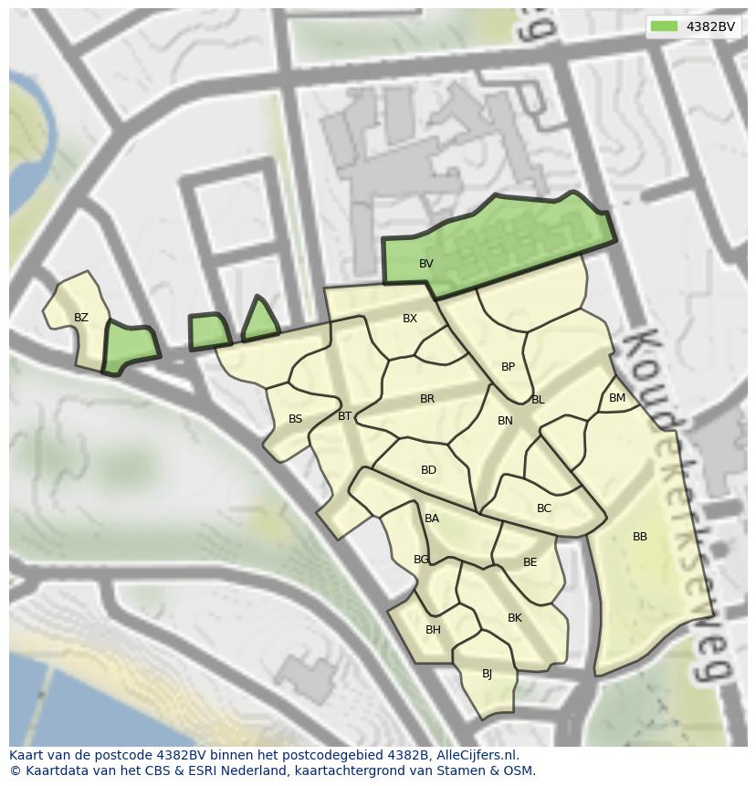 Afbeelding van het postcodegebied 4382 BV op de kaart.