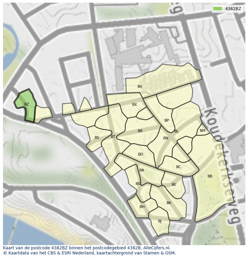 Afbeelding van het postcodegebied 4382 BZ op de kaart.