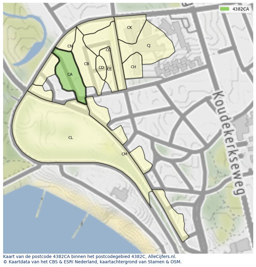 Afbeelding van het postcodegebied 4382 CA op de kaart.