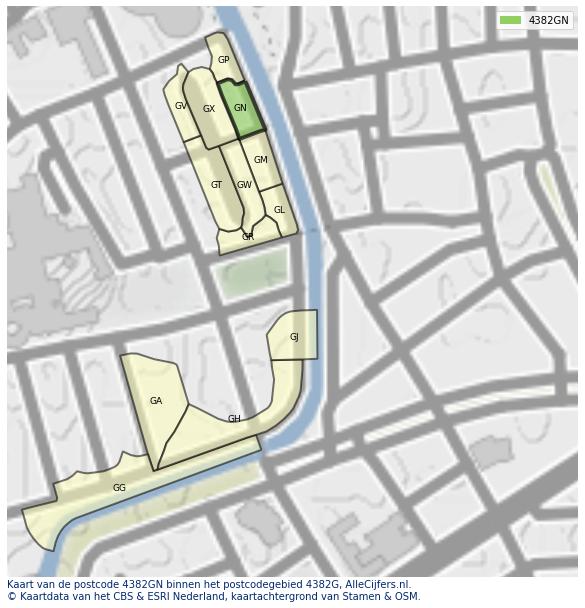 Afbeelding van het postcodegebied 4382 GN op de kaart.