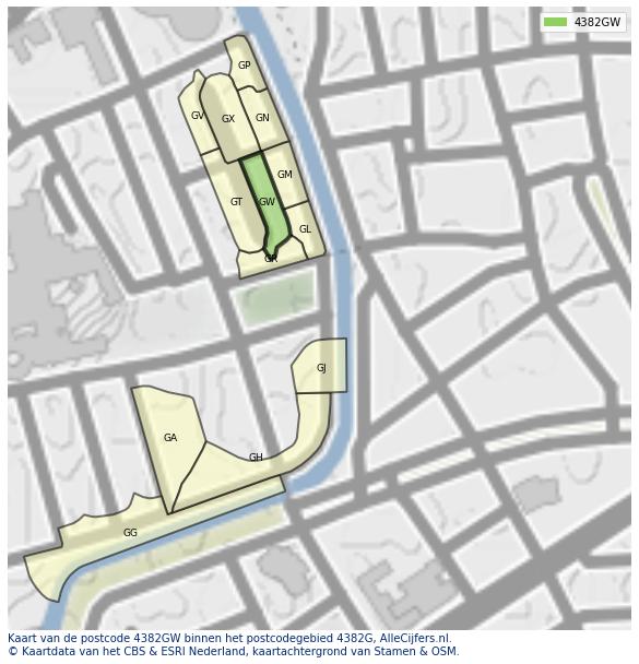 Afbeelding van het postcodegebied 4382 GW op de kaart.