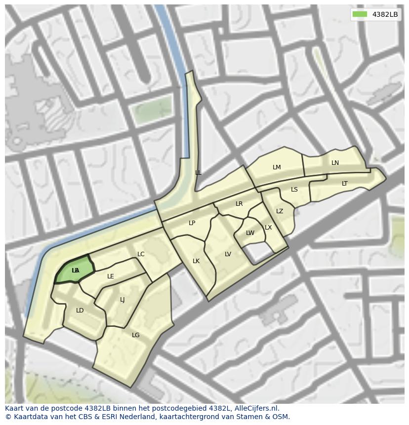 Afbeelding van het postcodegebied 4382 LB op de kaart.