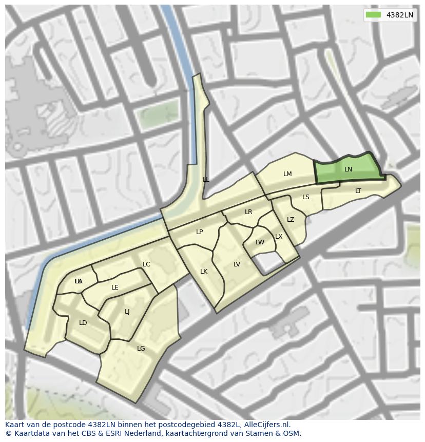 Afbeelding van het postcodegebied 4382 LN op de kaart.