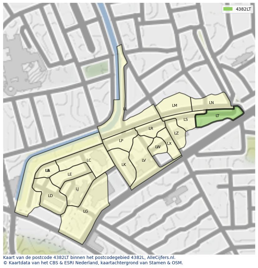 Afbeelding van het postcodegebied 4382 LT op de kaart.