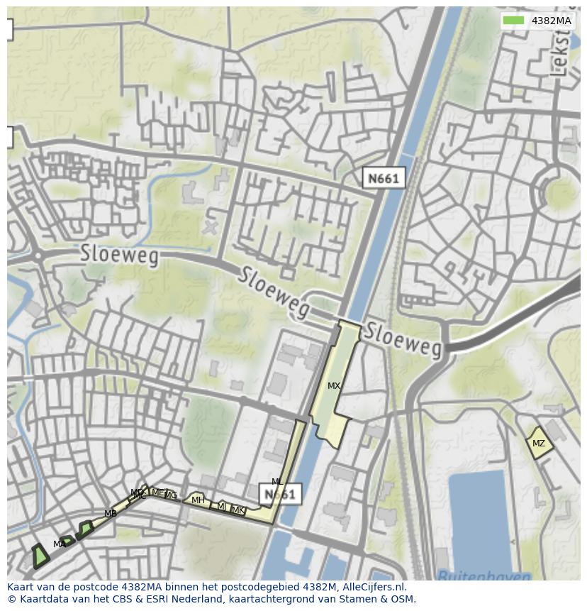 Afbeelding van het postcodegebied 4382 MA op de kaart.
