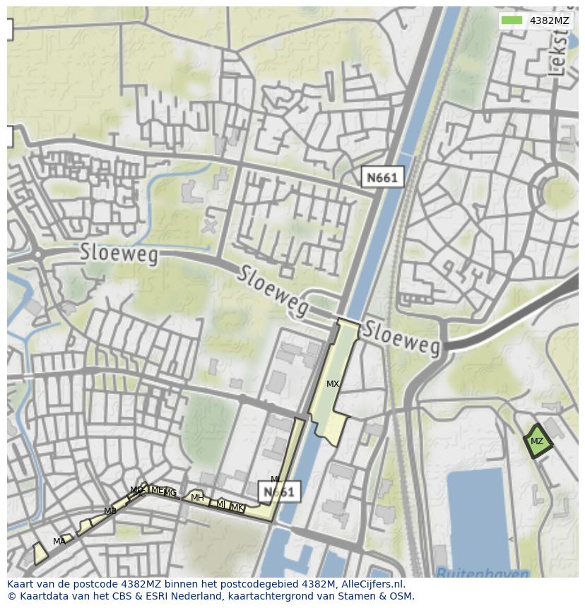Afbeelding van het postcodegebied 4382 MZ op de kaart.