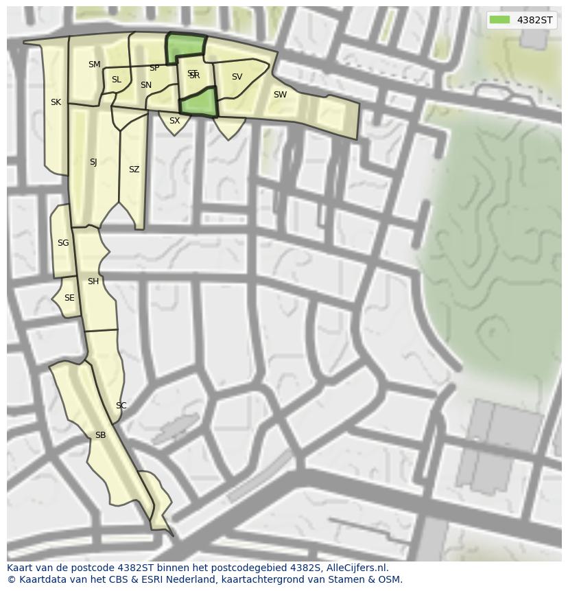 Afbeelding van het postcodegebied 4382 ST op de kaart.