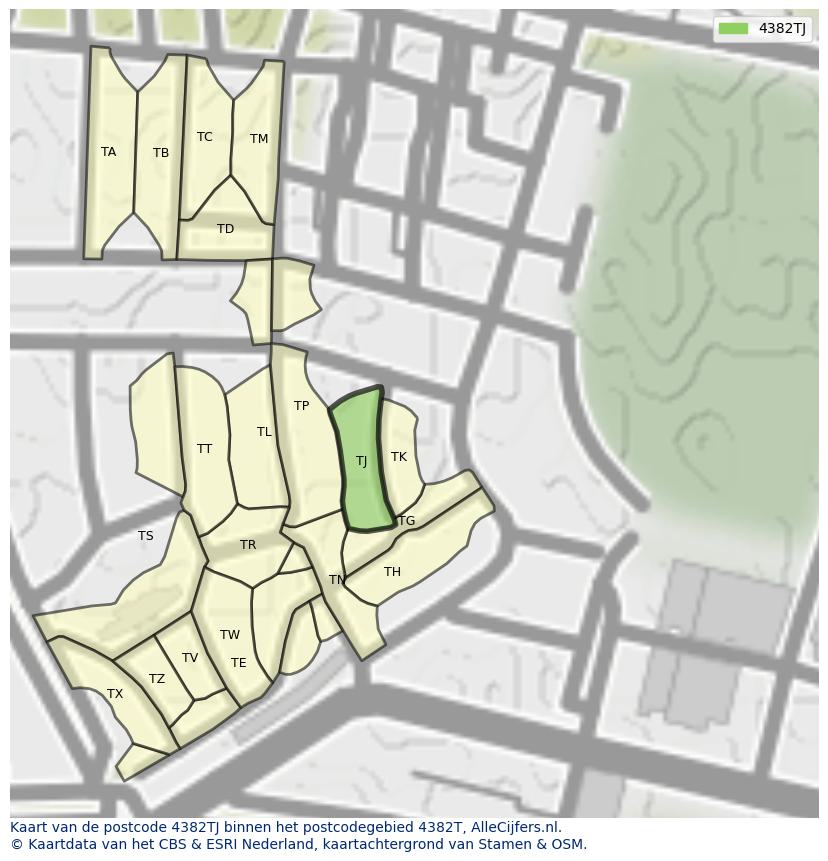 Afbeelding van het postcodegebied 4382 TJ op de kaart.
