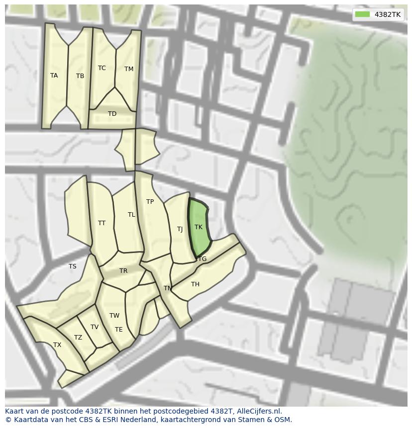 Afbeelding van het postcodegebied 4382 TK op de kaart.