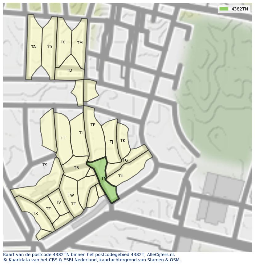 Afbeelding van het postcodegebied 4382 TN op de kaart.