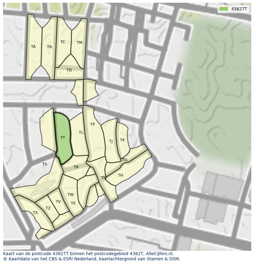 Afbeelding van het postcodegebied 4382 TT op de kaart.