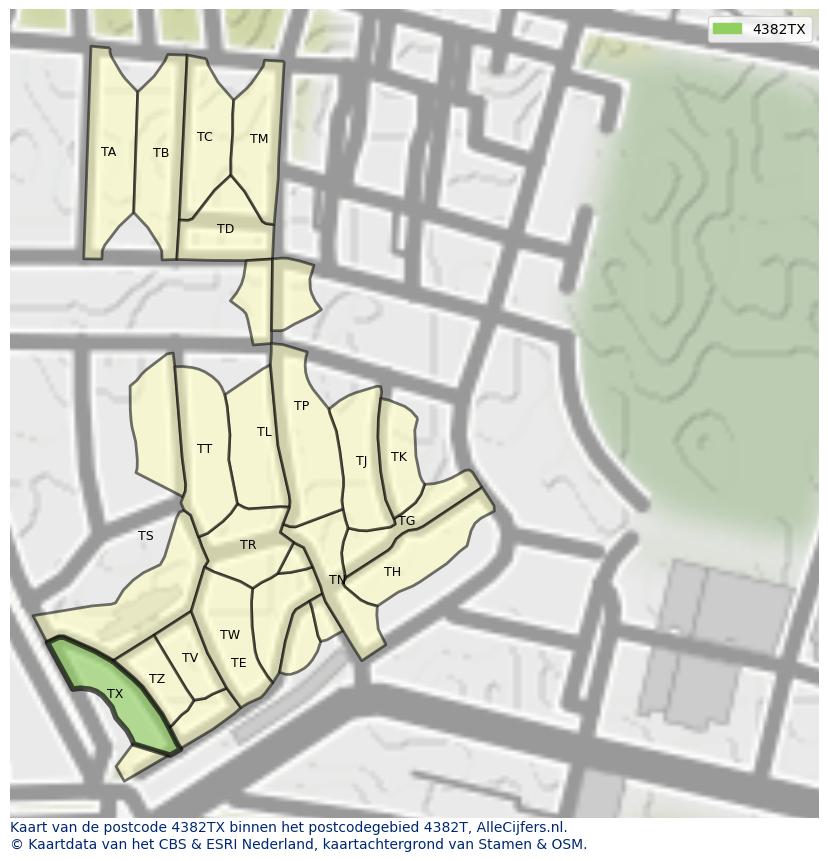 Afbeelding van het postcodegebied 4382 TX op de kaart.