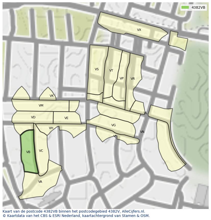Afbeelding van het postcodegebied 4382 VB op de kaart.