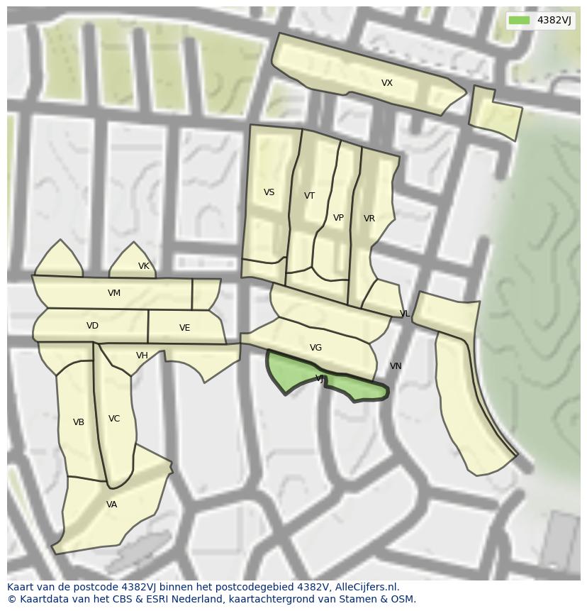 Afbeelding van het postcodegebied 4382 VJ op de kaart.