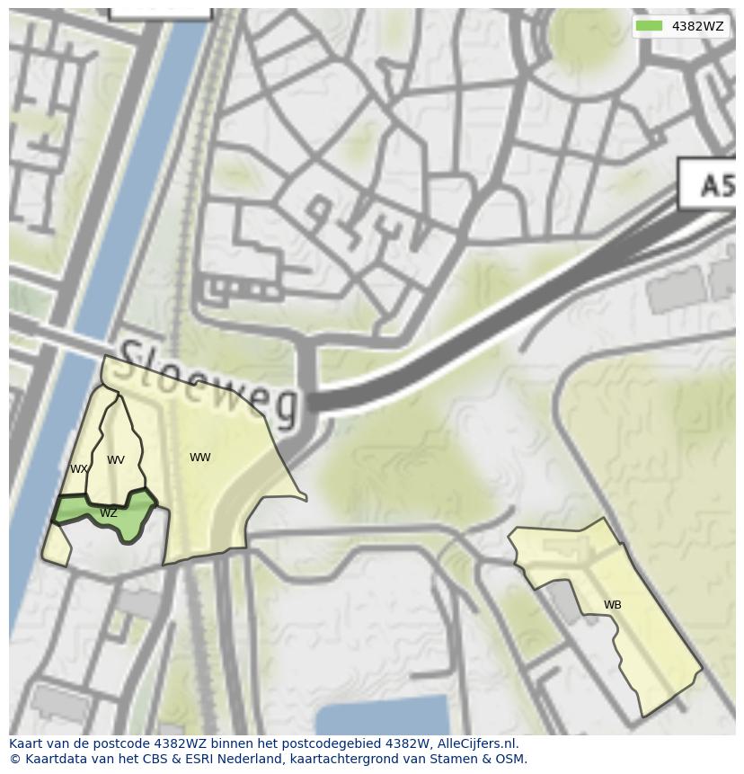 Afbeelding van het postcodegebied 4382 WZ op de kaart.