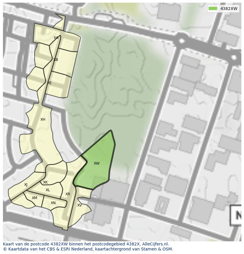 Afbeelding van het postcodegebied 4382 XW op de kaart.