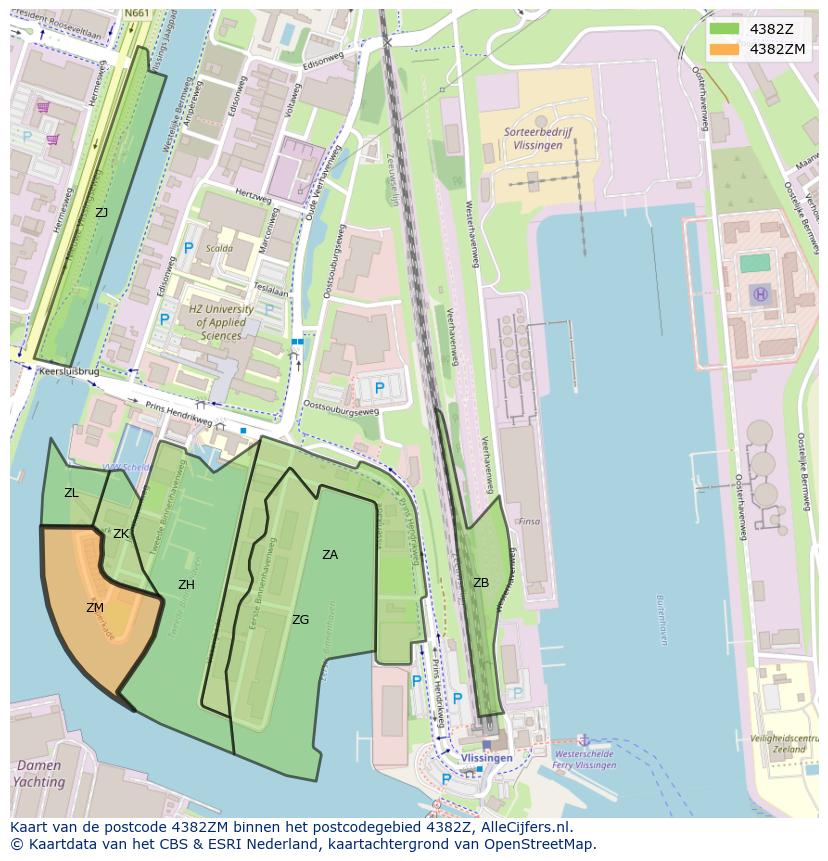 Afbeelding van het postcodegebied 4382 ZM op de kaart.