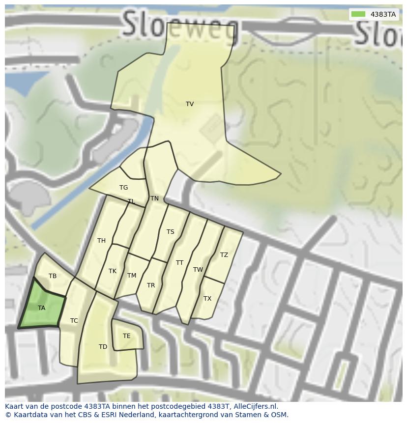 Afbeelding van het postcodegebied 4383 TA op de kaart.