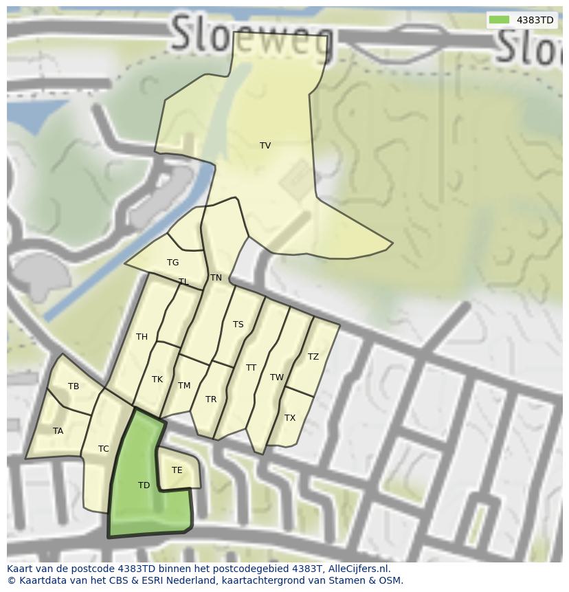 Afbeelding van het postcodegebied 4383 TD op de kaart.