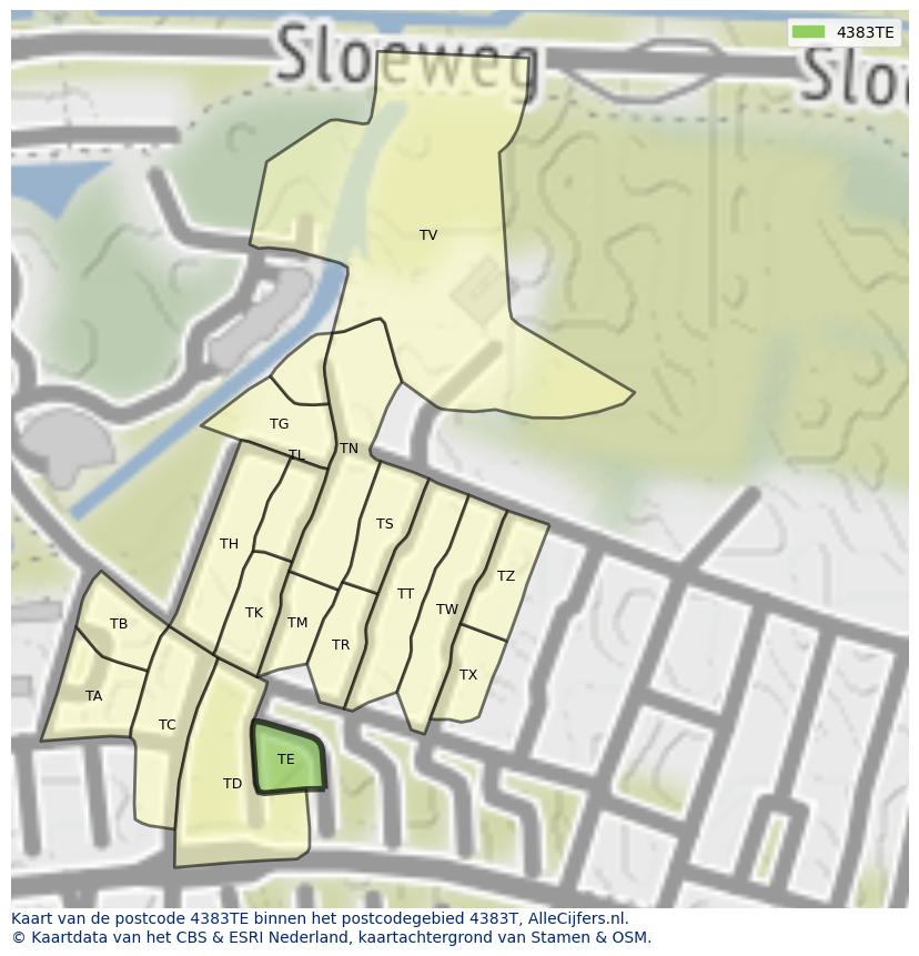 Afbeelding van het postcodegebied 4383 TE op de kaart.